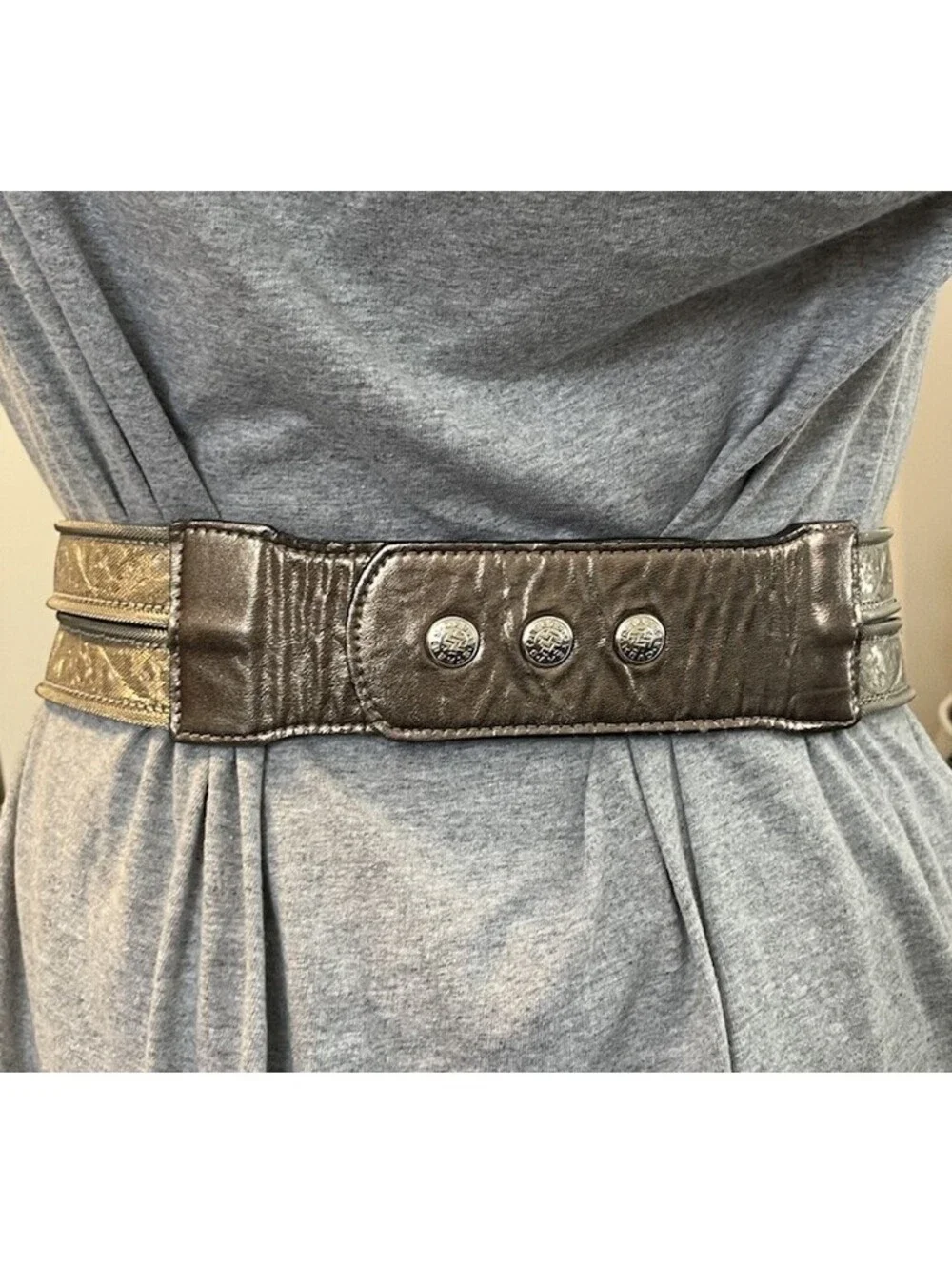 Streets Ahead Belt Vtg Silver Tone Metal Floral Mesh & Chain Links Leather 28-30